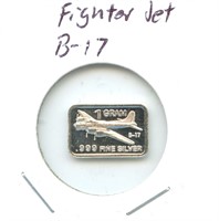 1 gram Silver Bar - Fighter Jet B-17, .999 Fine