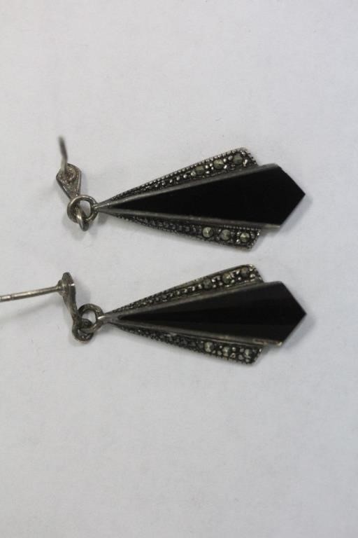 Pair of Sterling and Onyx Art Deco Style Earrings