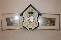 2 Framed bird prints and bird decorated wall clock