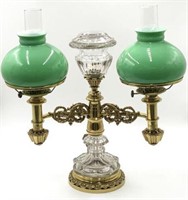 Sgd. B. Gardiner Brass & Crystal Double Lamp.