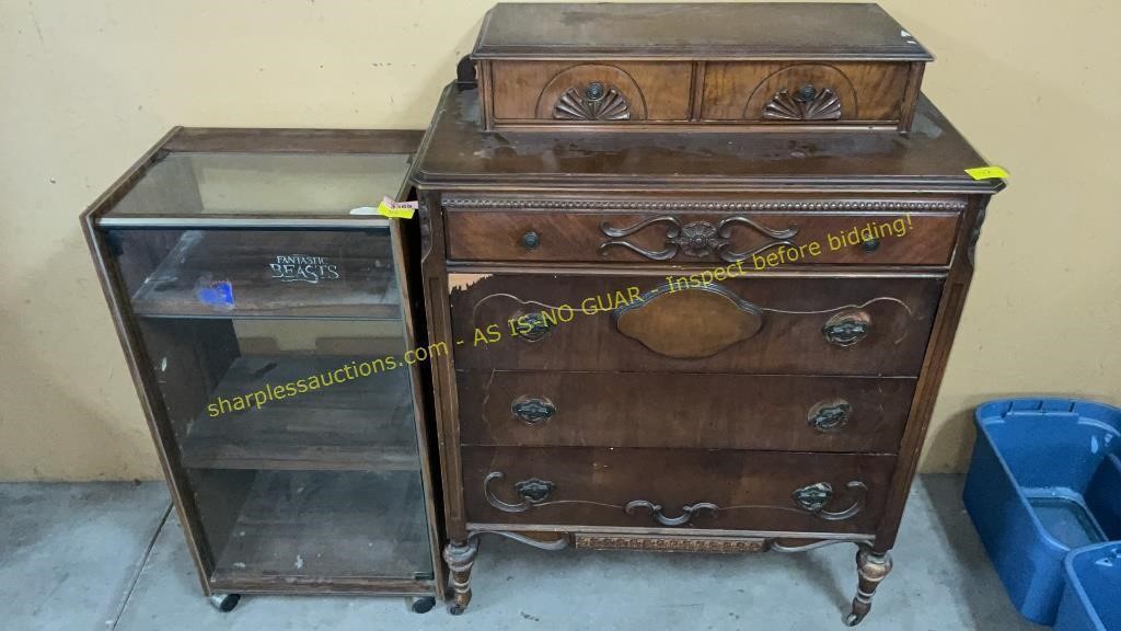 Antique Dresser w/ Hanky Drawers, Rolling A/V Cart