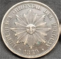 1869 Uruguay 4 Centavos Large Copper Coin