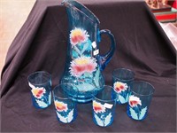 Vintage six-piece blue water set decorated  with