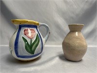 VINTAGE CERAMIC POTTERY HAND PAINTED PITCHER AND