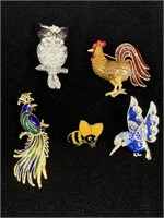 Birds & a Bee Brooch Owl, Rooster Hummingbird +