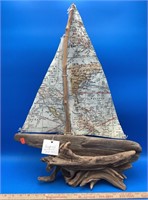 Unique Wooden Boat W/ Map Sail On Drift Wood