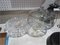 2 GLASS CAKE STANDS ONE HAS DOME