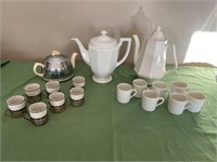 2 Vintage Damask Sets & 3 Coffee / Tea Pots