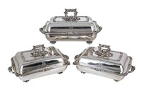 THREE SHEFFIELD PLATE COVERED ENTREE DISHES