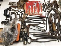 Lot: Antique Clamps, Auto Wrenches, Hammer Heads.