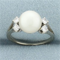 Akoya Pearl and Diamond Ring in 14k White Gold