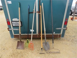Lawn garden tools-2 shovels, spade, rake, hoe