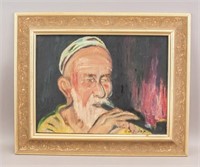 Framed Oil on Canvas Old Man Smoking Pipe Signed