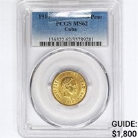 1916 5 Pesos .24oz Cuban Gold PCGS MS62