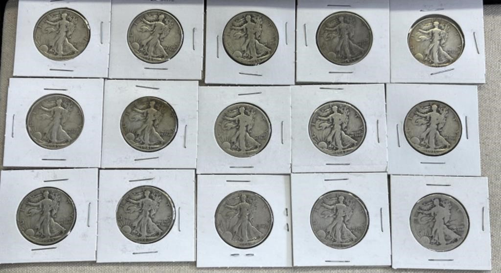 15 Walking Liberty Silver Half Dollars US Coin Lot