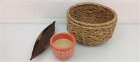 3 - small carved wooden canoe, woven basket,pot