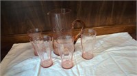 PINK DEPRESSION PITCHER AND 4 GLASSES