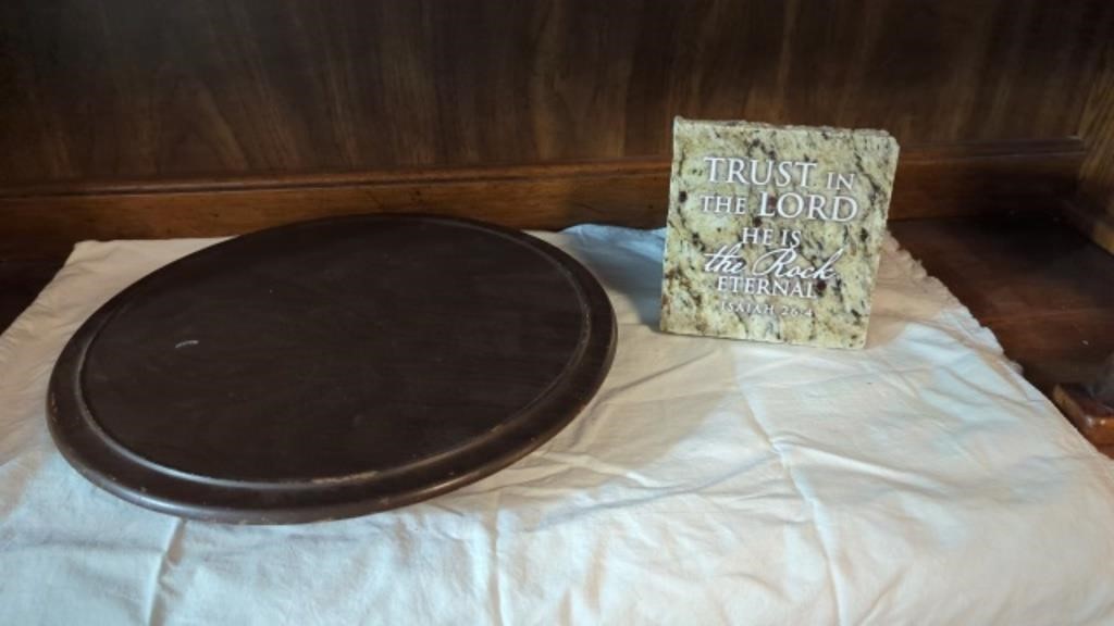 WOOD LAZY SUSAN AND A MARBLE SIGN
