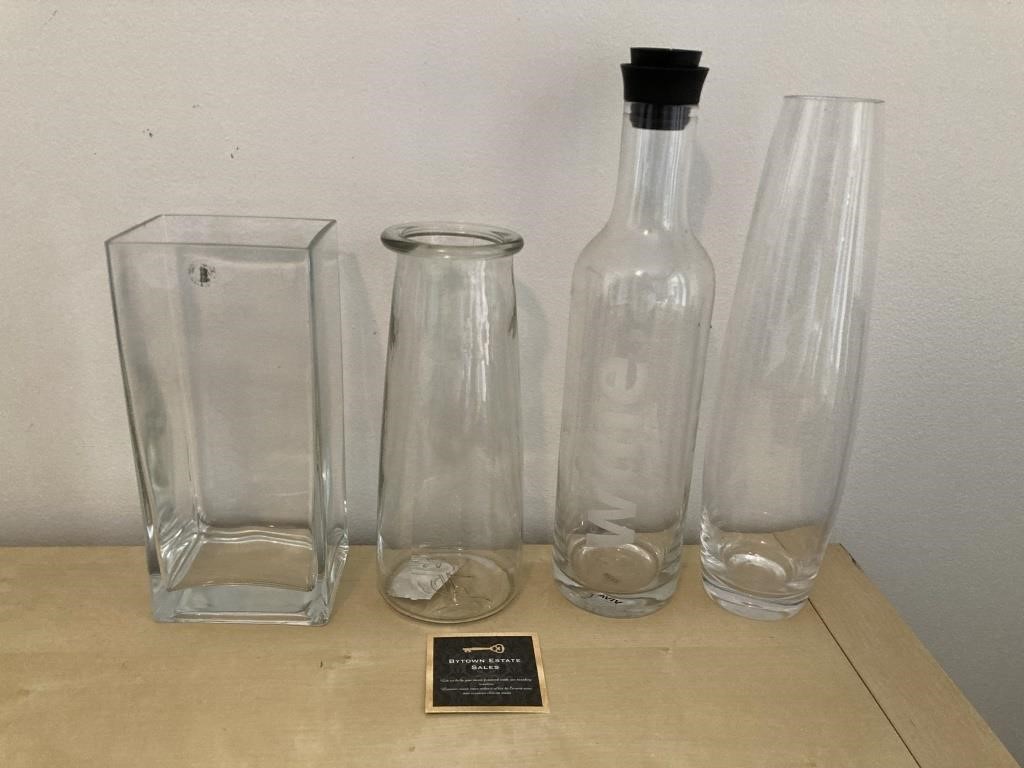 Assorted Clear Glass Vases & Decanter
