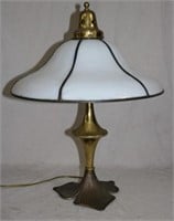 BRASS TABLE LAMP WITH BENT PANEL, OPAL GLASS