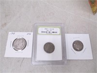 3 Liberty Head Coins - 1909 Silver Barber Quarter