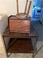 Casters cart, wood bread box & stool