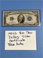 1934D $10 DOLLAR SILVER CERTIFICATE BLUE NOTE