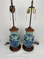 Pair of 19th C Chinese Cobalt Vases Lamped