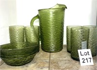 Vintage Olive Green Pitcher Glasses and Bowls Set