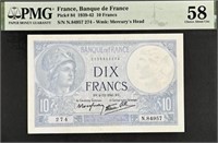 France 10 Francs P-84 1939-42 PMG 58 FRAS