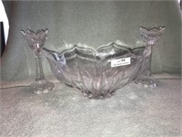 Decorative Glass Bowl w/Matching Candle Holders