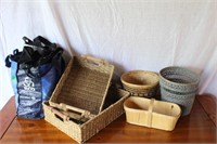 Collection of baskets and a bag of grocery bags