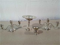 Candlesticks and pedestal dish all marked weighted
