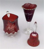 Ruby Red Glass Souvenirs Creamer, Vase, Bell
