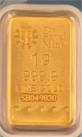 1g 999.9 Fine Gold Bar Ser # SB049830