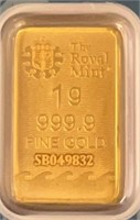 1g 999.9 Fine Gold Bar Ser# SB049832