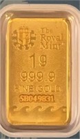 1g 999.9 Fine Gold Bar Ser #SB049831