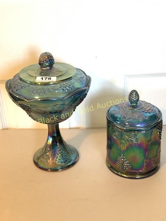 2 Iridescent Blue Carnival Glass Candy Jars