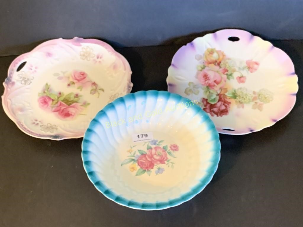 Hand Painted Dishes; 2 Plates, 1 Bowl