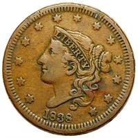 1838 Coronet Head Large Cent ABOUT UNCIRCULATED