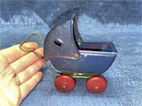 Antique toy wood baby carriage w/ tin cover - Blue