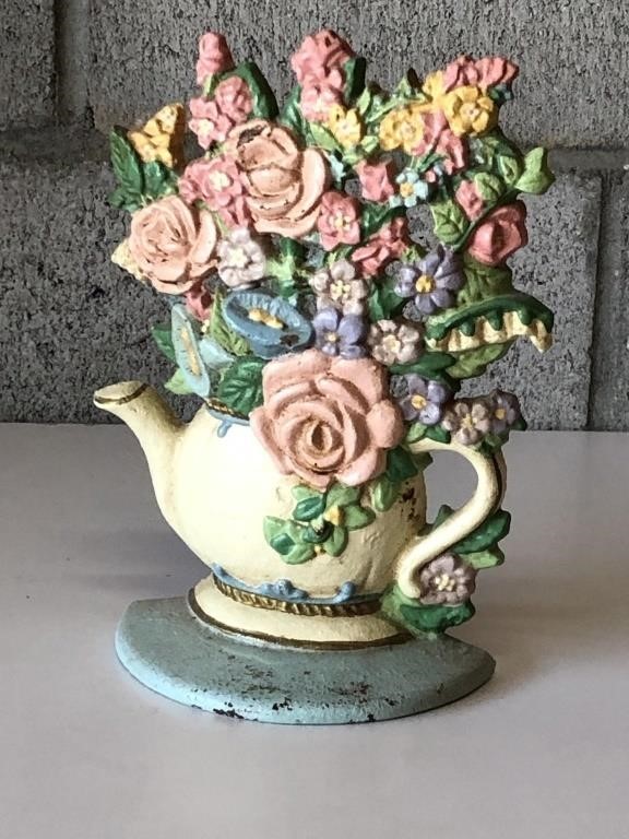 Cast iron Door Stop-Teapot with flowers