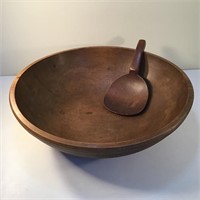 ANTIQUE WOODEN DOUGH BOWL AND PADDLE