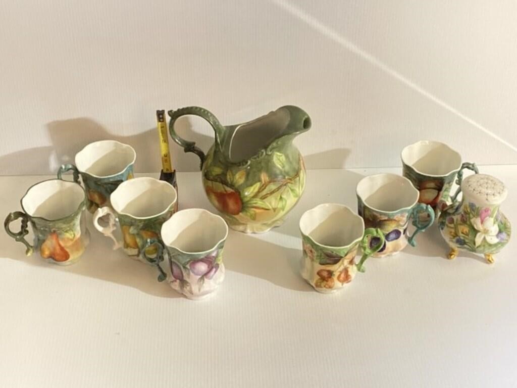 Hand Painted Tankard, Matching Cups, Sugar Shaker