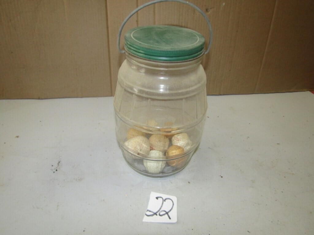 10" PICKEL JAR W/ GREEN LID, VINTAGE GOLF BALLS