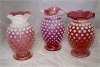 3 3.5" Fenton Hobnail Cranberry Vases Various Edge