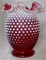 Fneton Cranberry Hobnail 7.5" Ruffled Edge Vase