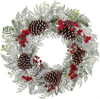 B4164  Flocked Snow Wreath 24" Pine Berries Cones