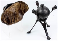 Free Form Ceramic Planter & Wood African Tri-Pod