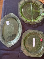 Green depression glass serving trays (3)